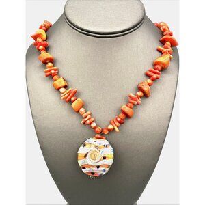 UNIQUE Art Glass Pendant and Red Coral Beaded Statement Necklace 23"